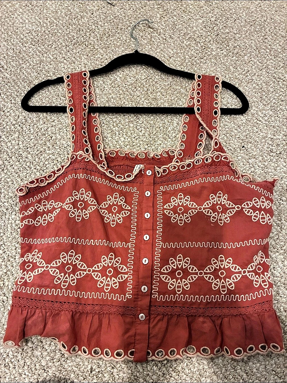 FARM Rio Embroidered Eyelet Crop Top Red Tank Top